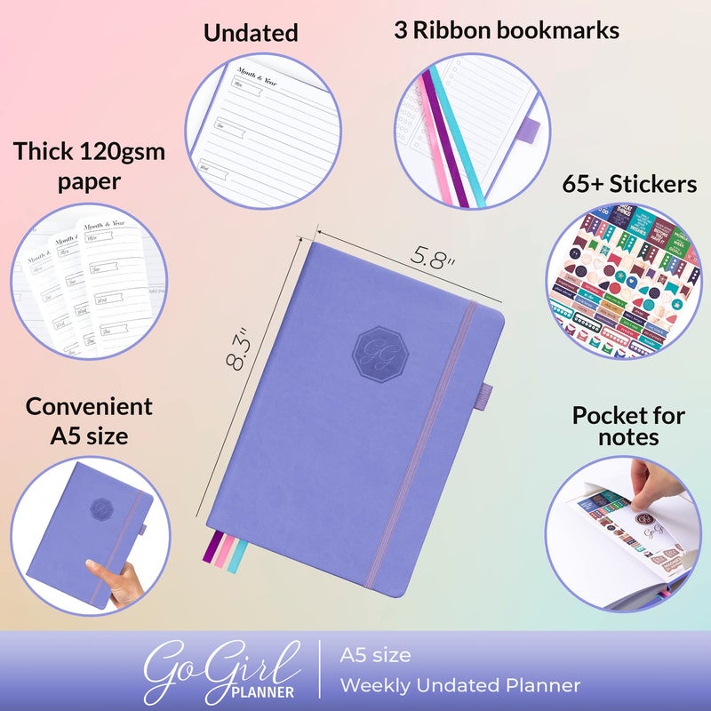 GoGirl Planner and Organizer for Women â€“ A5 Size Weekly Planner, Goals Journal & Agenda to Improve Time Management, Productivity & Live Happier. Undated â€“ Start Anytime, Lasts 1 Year â€“ Lavender - Image 2